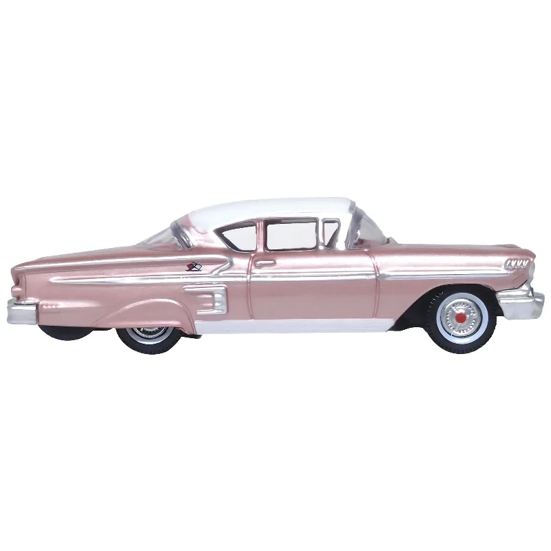 1958 Chevrolet Impala Sport Cay Coral Pink Metallic with White Top 1/87 (HO) Scale Diecast Model Car by Oxford Diecast 1958 Chevrolet Impala Sport Cay Coral Pink Metallic with White Top 1/87 (HO) Scale Diecast Model Car by Oxford Diecast