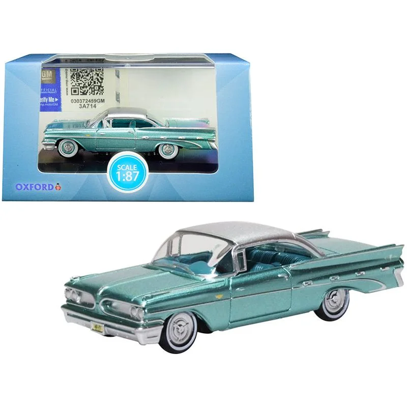 1959 Pontiac Bonneville Coupe Seaspray Green with Silver Top 1/87 (HO) Scale Diecast Model Car by Oxford Diecast 1959 Pontiac Bonneville Coupe Seaspray Green with Silver Top 1/87 (HO) Scale Diecast Model Car by Oxford Diecast