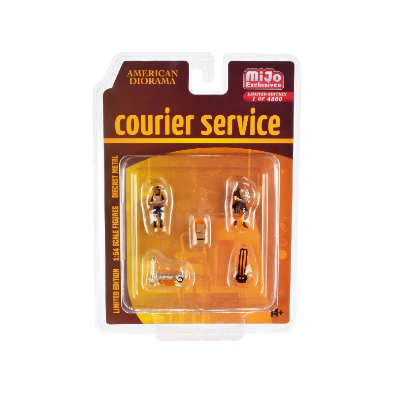 "Courier Service" 5 Piece Diecast Figures Set (2 Worker Figures and 3 accessories) Limited Edition to 4800 pieces Worldwide for 1/64 Scale Models by American Diorama "Courier Service" 5 Piece Diecast Figures Set (2 Worker Figures and 3 accessories) Limited Edition to 4800 pieces Worldwide for 1/64 Scale Models by American Diorama