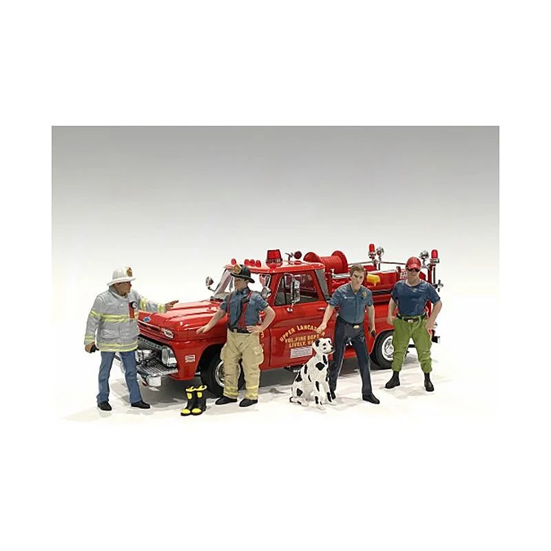 "Firefighters" 6 piece Figure Set (4 Males 1 Dog 1 Accessory) for 1/18 Scale Models by American Diorama "Firefighters" 6 piece Figure Set (4 Males 1 Dog 1 Accessory) for 1/18 Scale Models by American Diorama