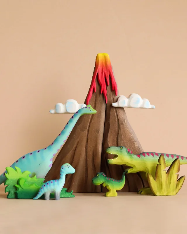 Handmade Wooden Volcano & Dinosaurs Set
