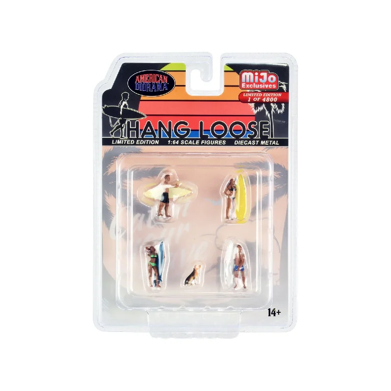 "Hang Loose" 5 piece Diecast Set (4 Surfer Figures and 1 Dog) Limited Edition to 4800 pieces Worldwide for 1/64 Scale Models by American Diorama "Hang Loose" 5 piece Diecast Set (4 Surfer Figures and 1 Dog) Limited Edition to 4800 pieces Worldwide for 1/64 Scale Models by American Diorama