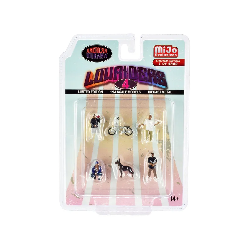 "Lowriders 4" 6 piece Diecast Set (4 Men 1 Dog 1 Bicycle Figures and Accessories) Limited Edition to 4800 pieces Worldwide 1/64 Scale Models by American Diorama "Lowriders 4" 6 piece Diecast Set (4 Men 1 Dog 1 Bicycle Figures and Accessories) Limited Edition to 4800 pieces Worldwide 1/64 Scale Models by American Diorama