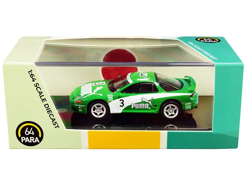 Mitsubishi 3000GT GTO RHD (Right Hand Drive) #3 "Puma" Green and White 1/64 Diecast Model Car by Paragon Mitsubishi 3000GT GTO RHD (Right Hand Drive) #3 "Puma" Green and White 1/64 Diecast Model Car by Paragon