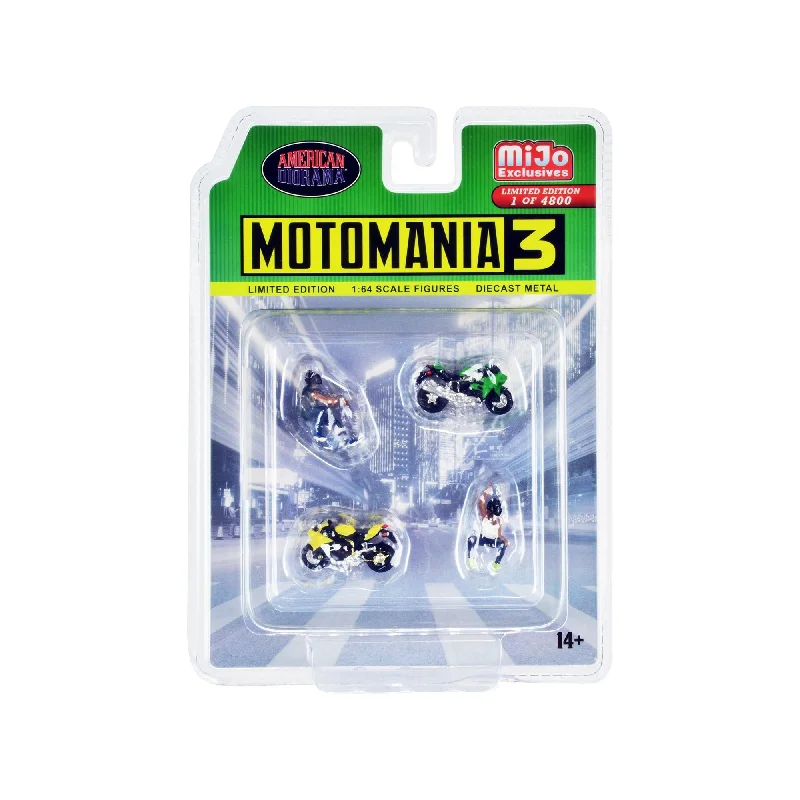 "Motomania 3" 4 piece Diecast Set (2 Figures and 2 Motorcycles) Limited Edition to 4800 pieces Worldwide for 1/64 Scale Models by American Diorama "Motomania 3" 4 piece Diecast Set (2 Figures and 2 Motorcycles) Limited Edition to 4800 pieces Worldwide for 1/64 Scale Models by American Diorama