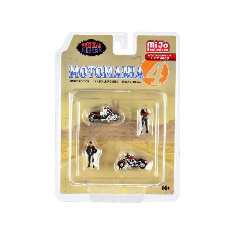 "Motomania 4" 4 piece Diecast Set (2 Figures and 2 Motorcycles) Limited Edition to 4800 pieces Worldwide 1/64 Scale Models by American Diorama "Motomania 4" 4 piece Diecast Set (2 Figures and 2 Motorcycles) Limited Edition to 4800 pieces Worldwide 1/64 Scale Models by American Diorama