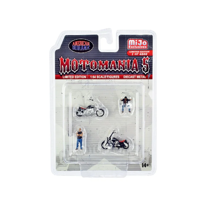 "Motomania 5" 4 piece Diecast Set (2 Figures and 2 Motorcycles) Limited Edition to 4800 pieces Worldwide for 1/64 Scale Models by American Diorama "Motomania 5" 4 piece Diecast Set (2 Figures and 2 Motorcycles) Limited Edition to 4800 pieces Worldwide for 1/64 Scale Models by American Diorama