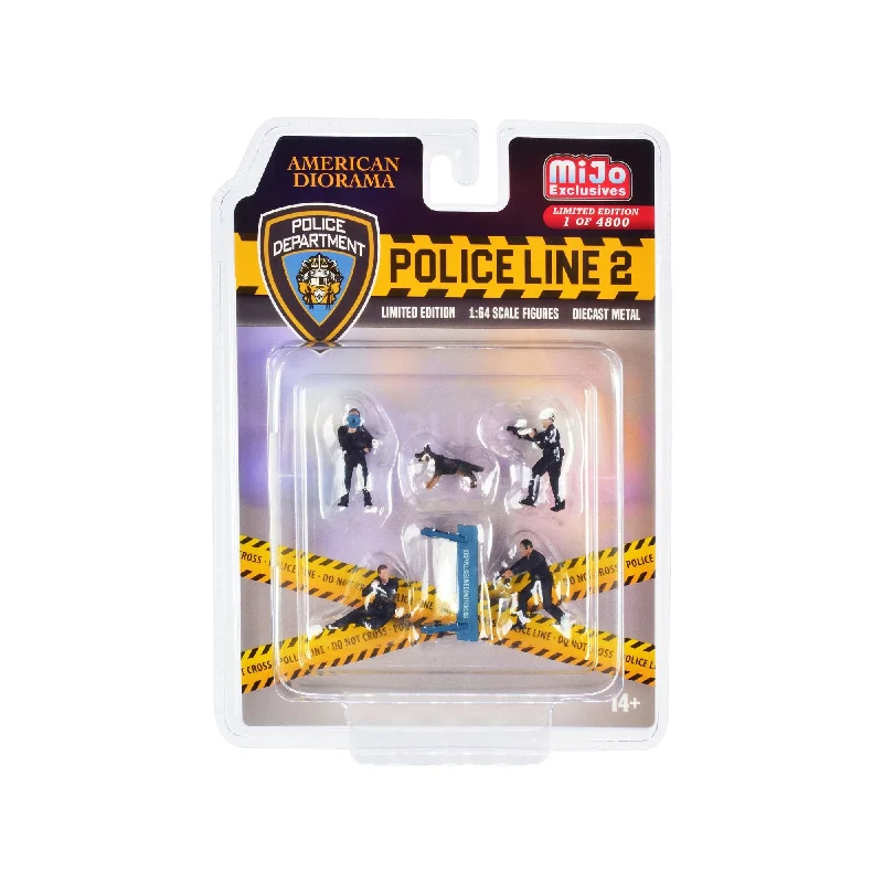"Police Line 2" 6 piece Diecast Set (4 Police Figures 1 Dog Figure and 1 Accessory) Limited Edition to 4800 pieces Worldwide for 1/64 Scale Models by American Diorama "Police Line 2" 6 piece Diecast Set (4 Police Figures 1 Dog Figure and 1 Accessory) Limited Edition to 4800 pieces Worldwide for 1/64 Scale Models by American Diorama