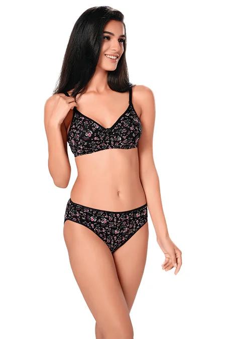 1922 -Cotton Printed Bra Panty Set-Black