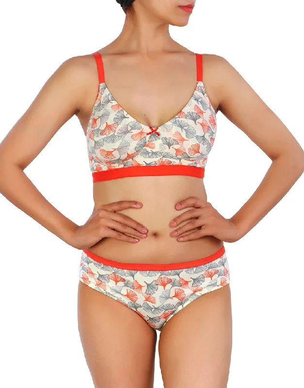 LOSHA DOUBLE LAYERED COTTON WIREFREE BRA WITH MATCHING PANTY-ORANGE