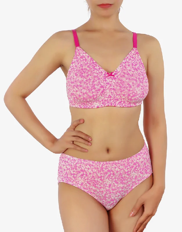 LOSHA DOUBLE LAYERED FULL COVERAGE COTTON WIREFREE BRA WITH MATCHING PANTY-PINK PRINT