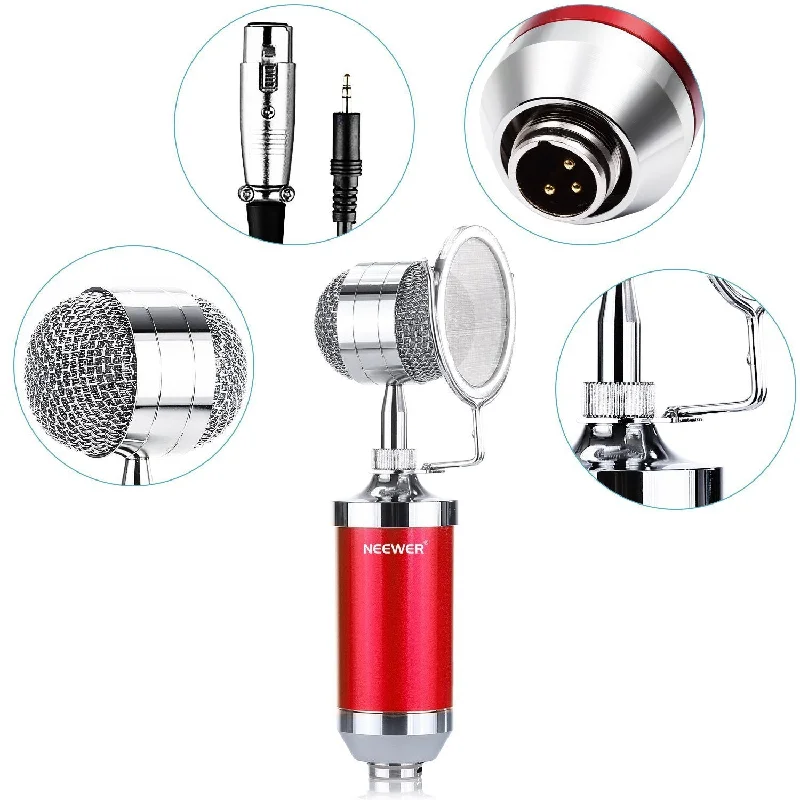 Neewer Cardioid Condenser Broadcasting & Recording Microphone Kit includes: (1)Condenser Microphone with Build-in Pop Filter+(1)Shock Mount +(1)3.5mm Male to XLR Female Microphone Cable(Red) Neewer Cardioid Condenser Broadcasting & Recording Microphone Kit includes: (1)Condenser Microphone with Build-in Pop Filter+(1)Shock Mount +(1)3.5mm Male to XLR Female Microphone Cable(Red)