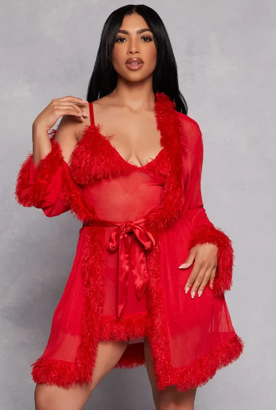 Feather Trim Mesh Robe