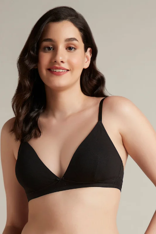 Trendy Plunge Padded Non-Wired Cotton Bra - Black